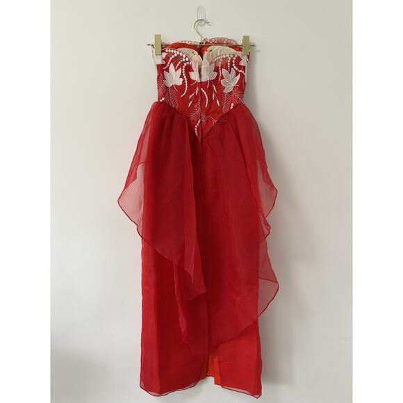 Vintage ‘80s Eve of Milady Red Emboidery Strapless Basque Waist Midi Dress - Picture 3 of 9